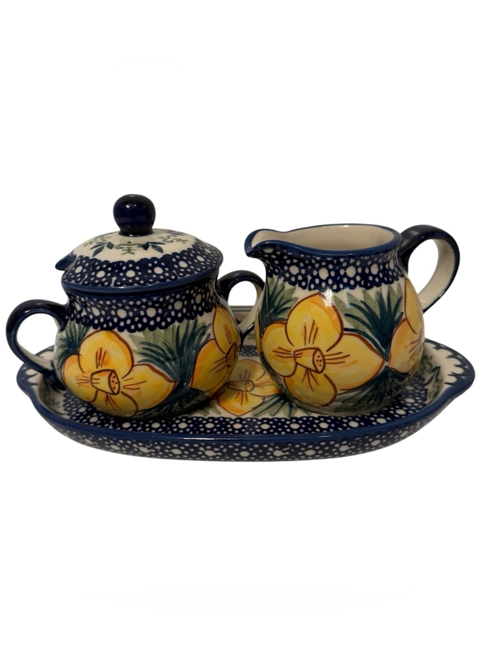 POLISH POTTERY SET SUGAR LID CREAMER TRAY BLUE WHITE GREEN HANDMADE BOLESLAWIEC